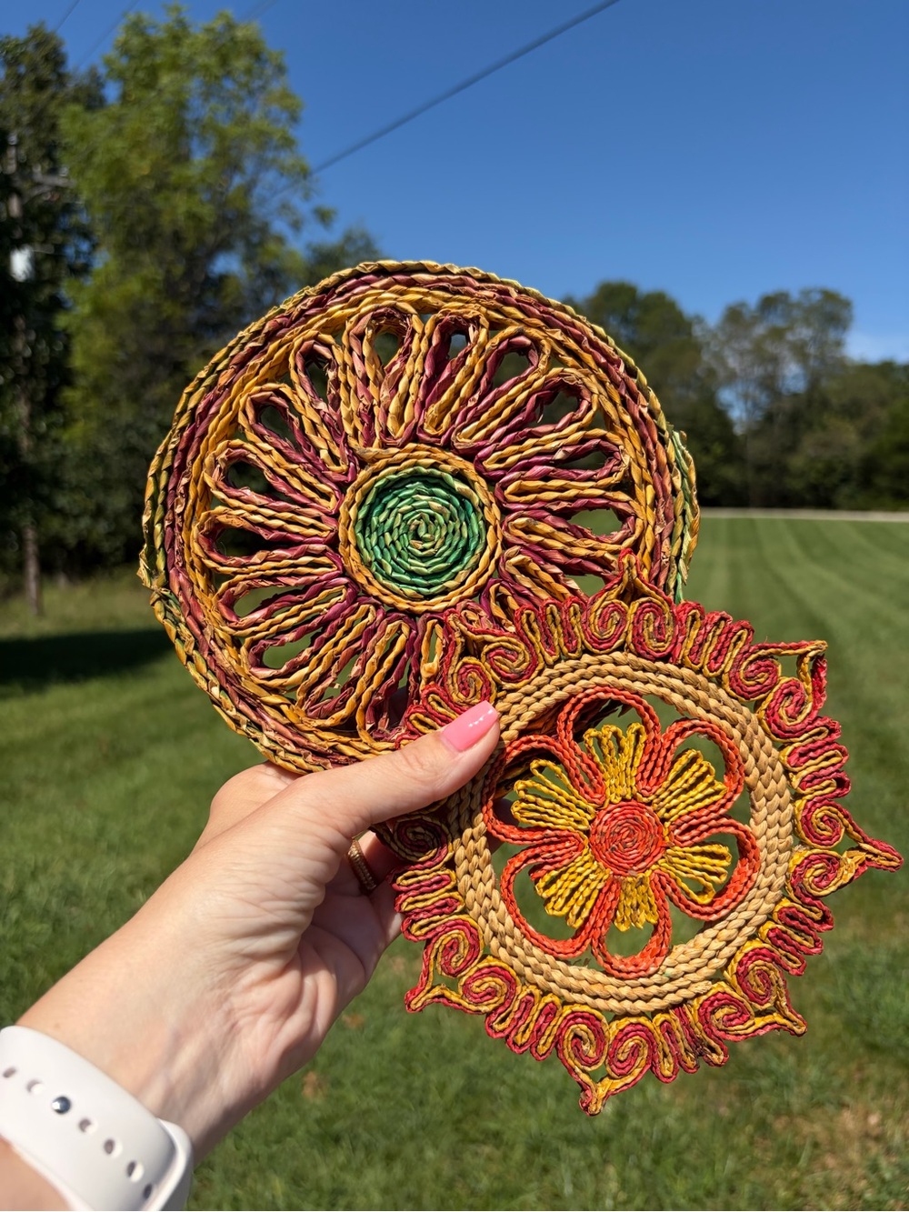 Vintage Raffia Wicker Straw Trivets Hot Pads Boho Wall Decor MCM Set Of 2